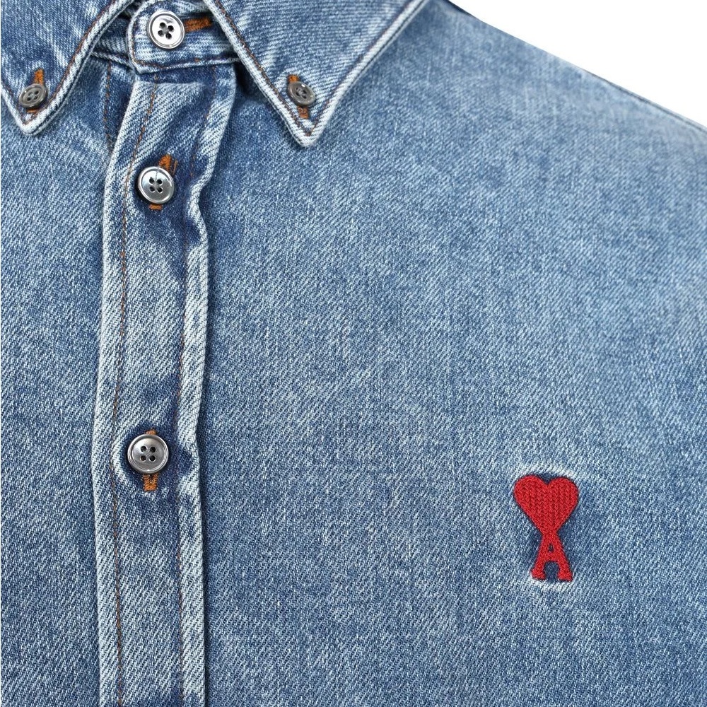 AMI Paris Blue Denim Button-Up Shirt with Red Logo Size X-Large - Picture 2 of 4